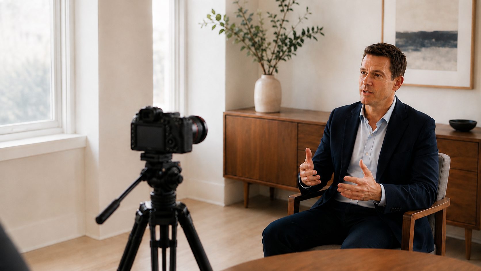 A professional speaking on camera while Jeff films from just outside the frame