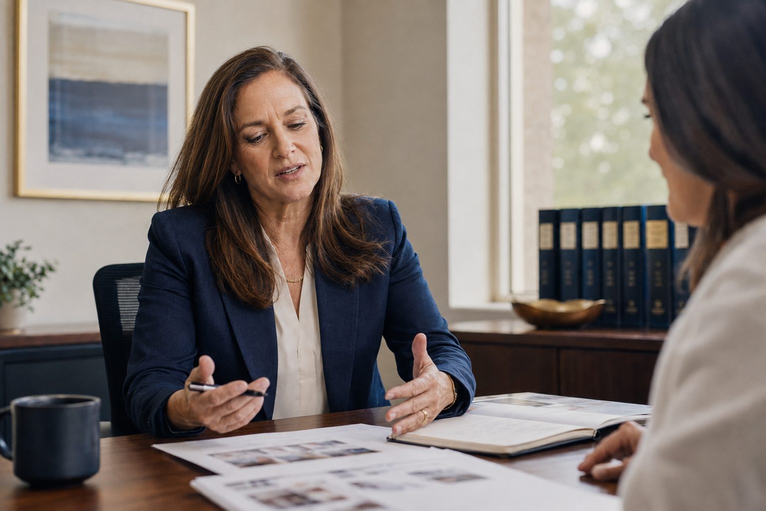Professional reviewing a monthly video topic plan with a strategist