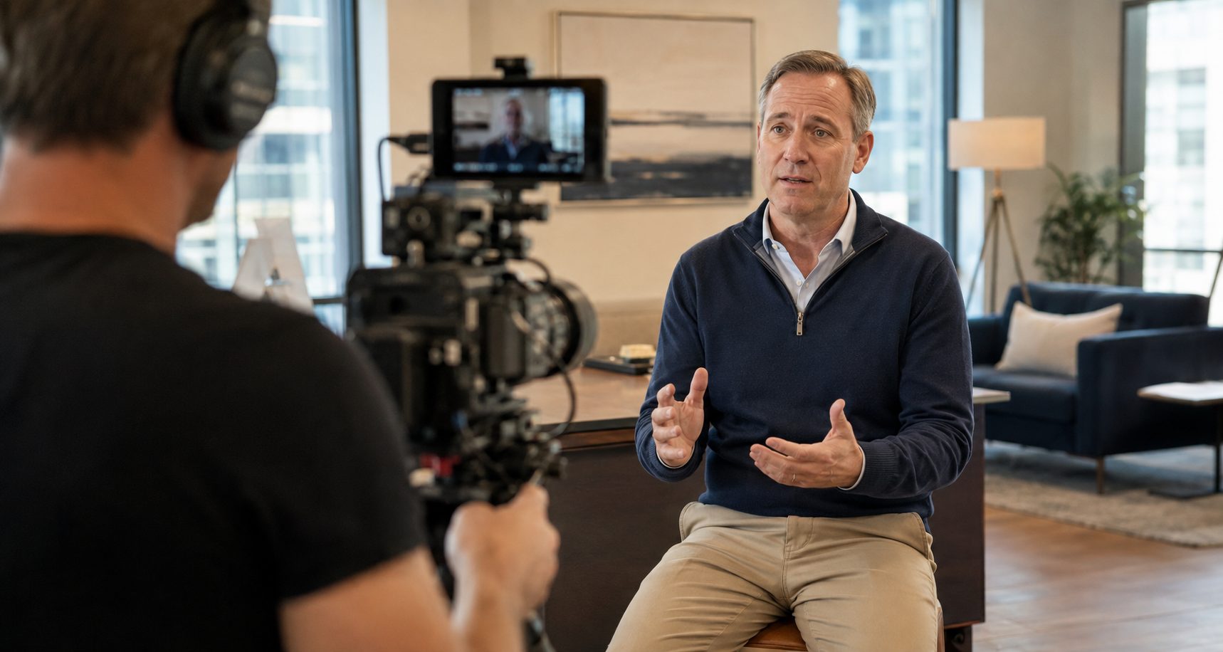 An experienced professional being filmed in a bright office