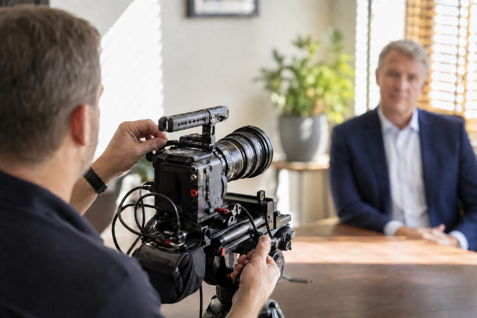 A cinema camera filming a professional in a bright office
