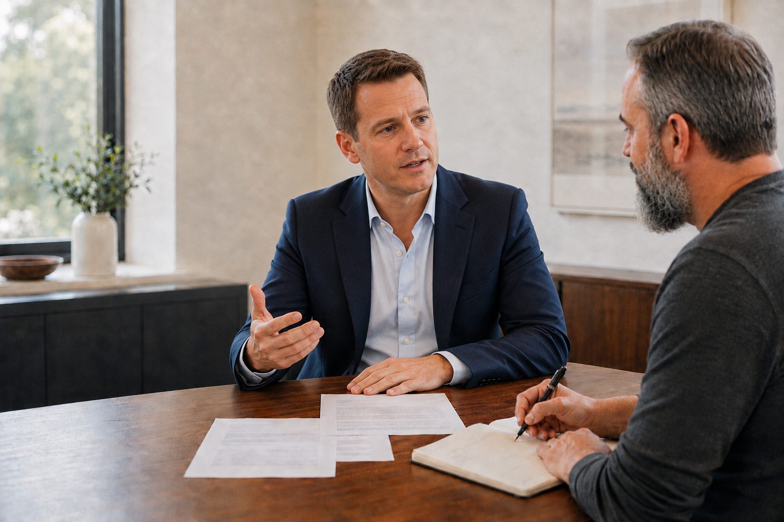 Jeff Evans taking notes while interviewing a professional for his newsletter