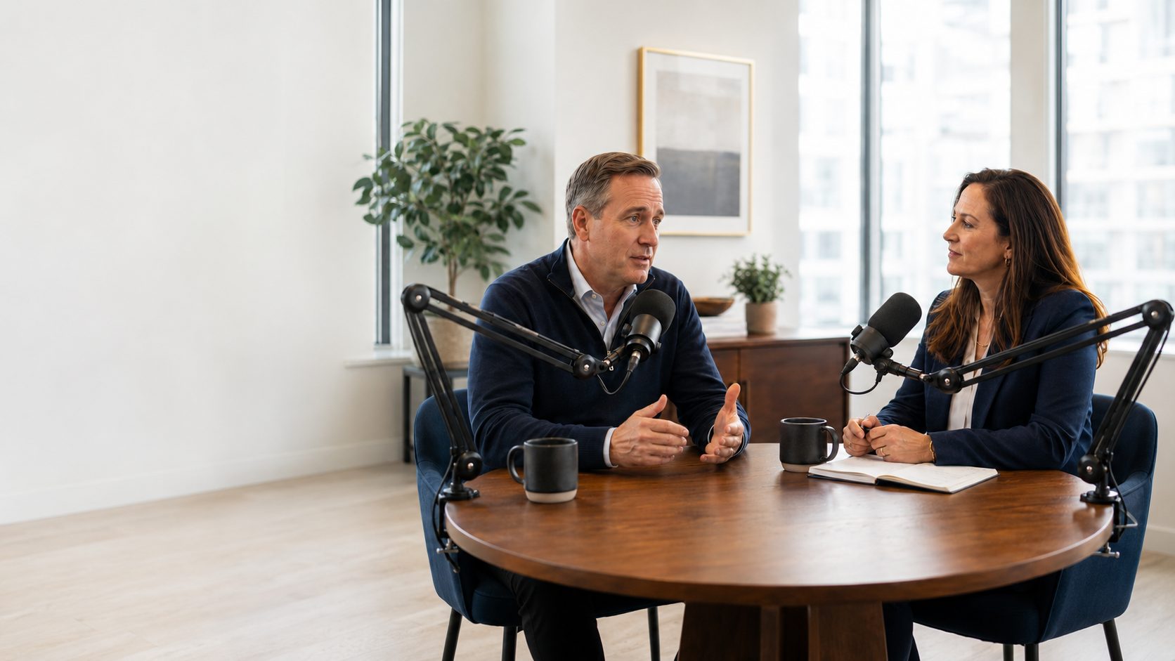 Two professionals recording a video podcast conversation