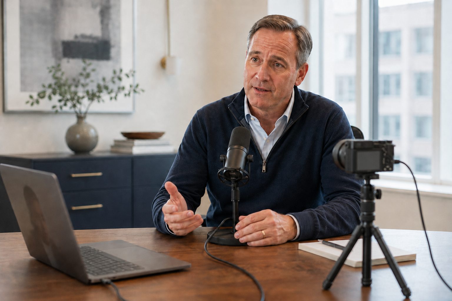 Professional recording a remotely produced video podcast from an office