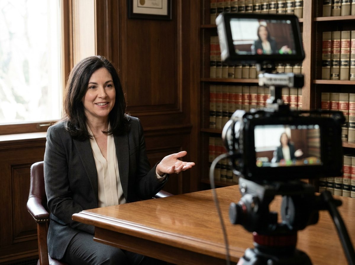 Attorney explaining a legal process to the camera in a bright office