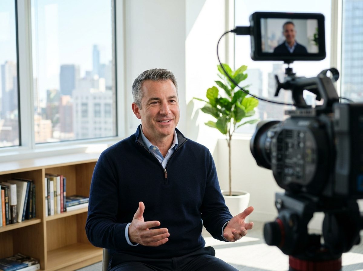 Financial advisor being filmed in a bright office for a YouTube video