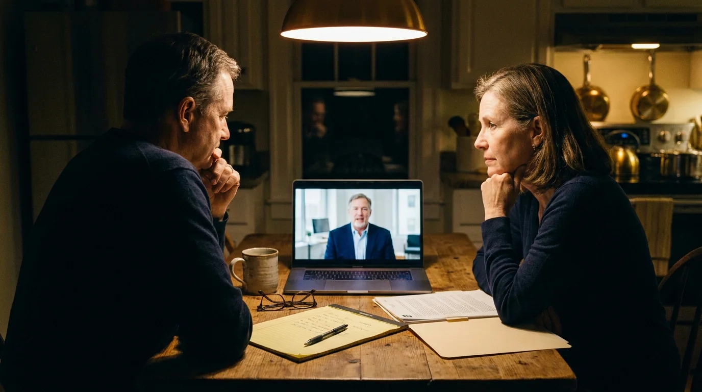 A couple at their kitchen table at night watching a financial advisor explain retirement planning in a YouTube video